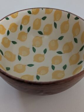 Godinger Acacia Wood Lemon Salad Bowl Enamel Interior 10" Serving Fruit Bowl